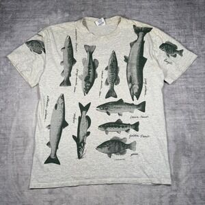 Vtg Fish Shirt Mens Large Grey 1994 Nature All Over Print Species Single Stitch